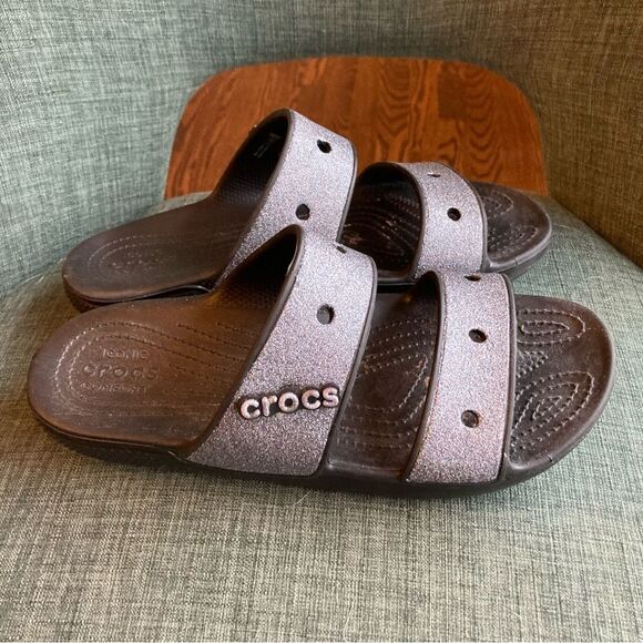 CROCS Classic Glitter 2 Strap Slide Sandal Womens Sz 10 Slip On Black / Silver! - Picture 12 of 12